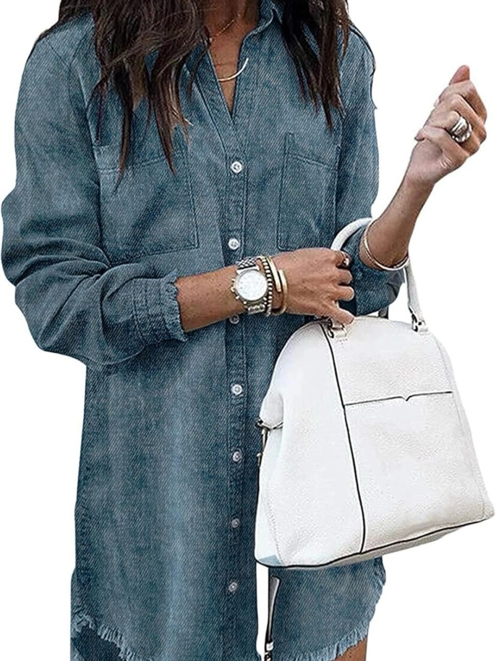 Casual Denim Mini Shirt Dress in Blue